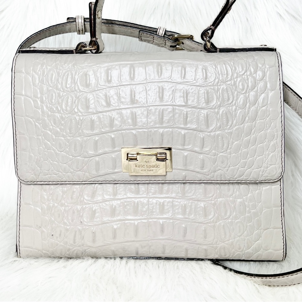 SOLD-Kate Spade Croc Leather Medium Satchel Handbag, Cream Ivory Beige - Picture 4 of 12